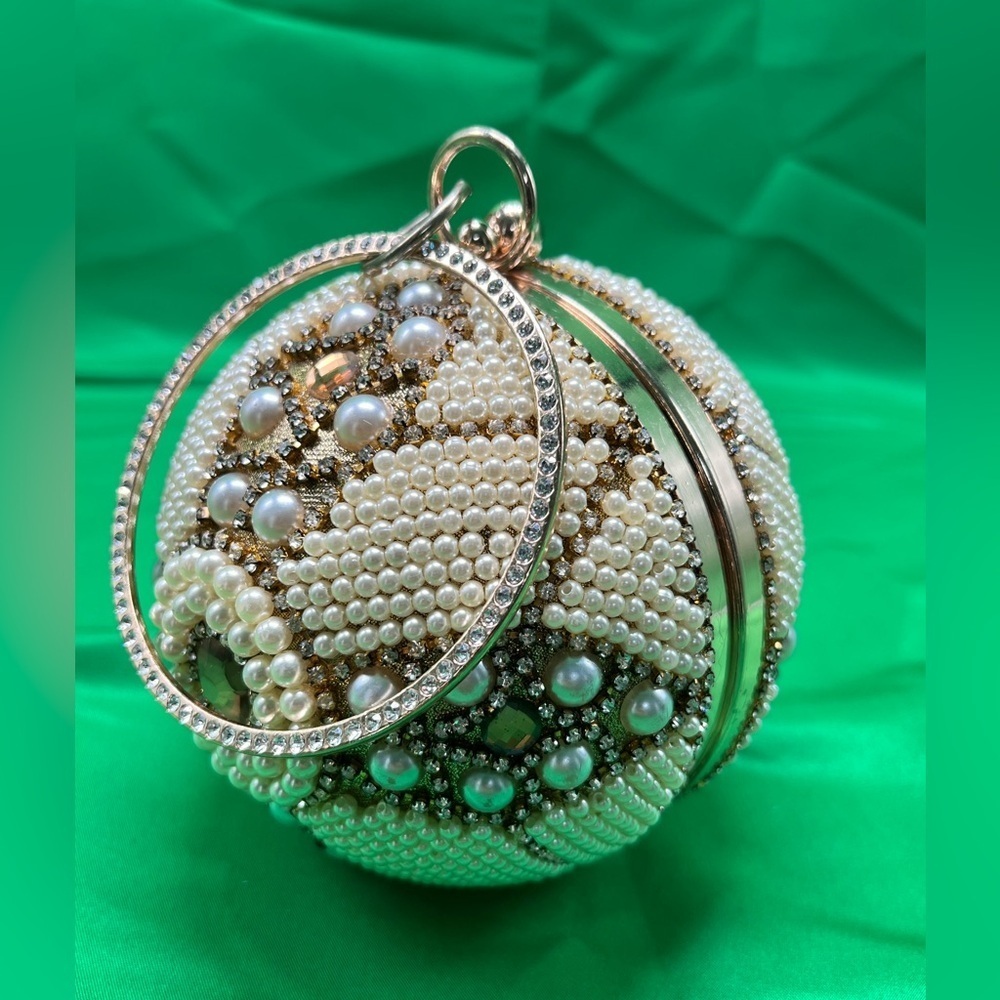 Unique Round beaded: Evening Clutch, wedding wristlet with long gold chain